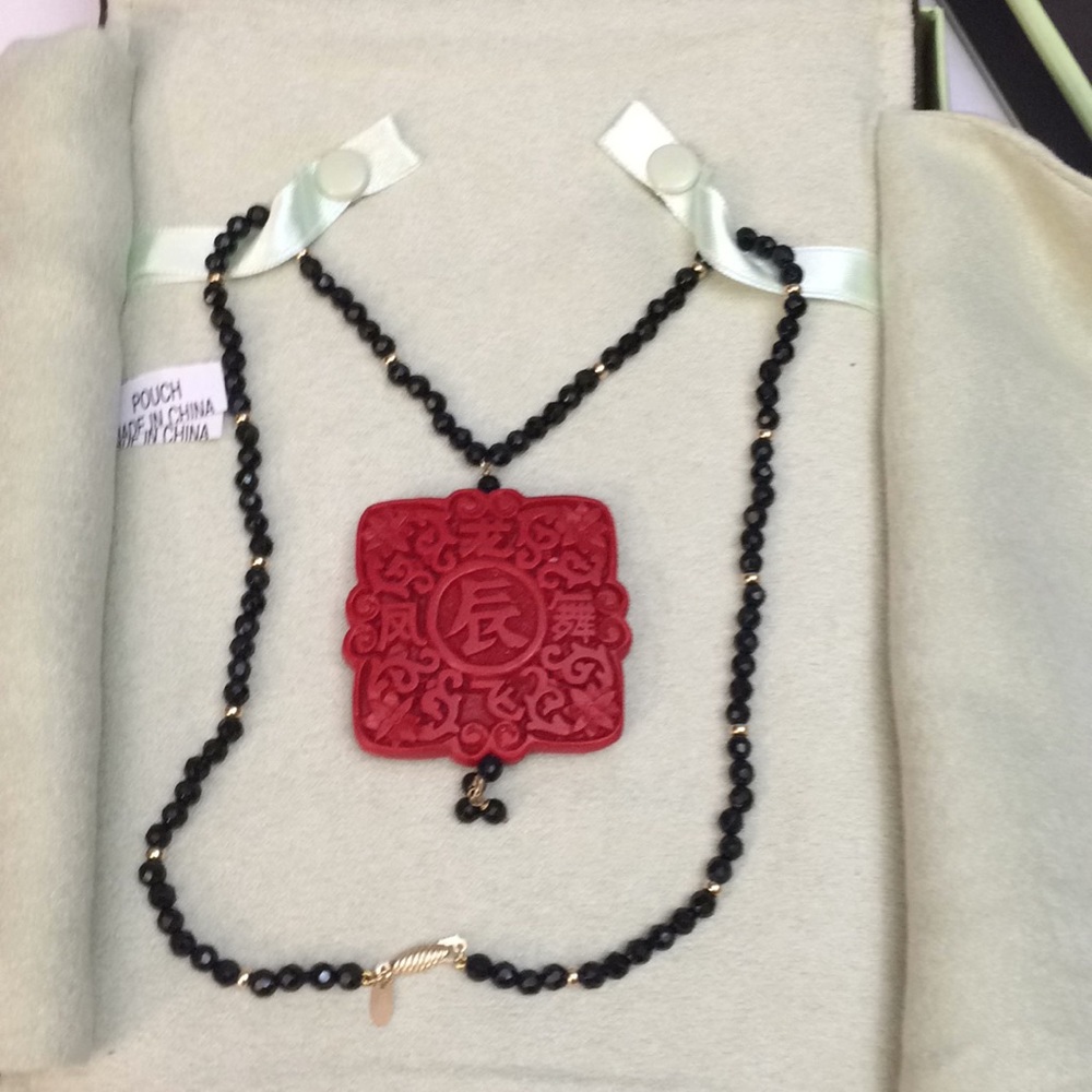 14K Gold Onyx & Cinnabar Necklace